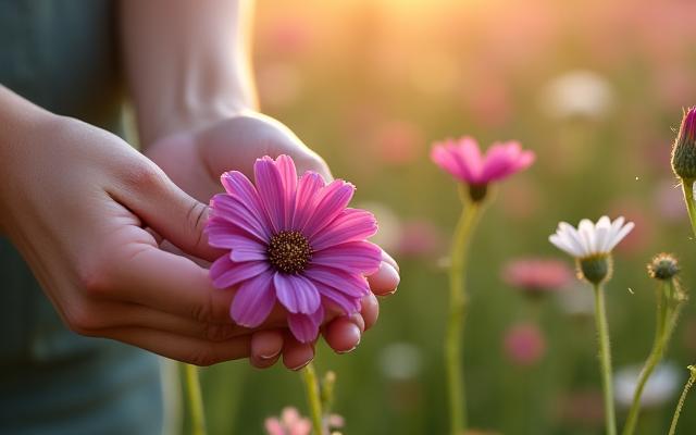 Manos recolectando flores frescas de un campo local