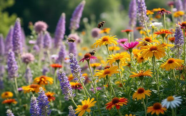 Jardín vibrante lleno de flores que atraen abejas y mariposas