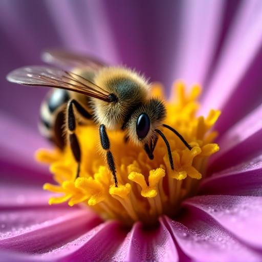 Una abeja polinizando una flor vibrante con pétalos suaves.