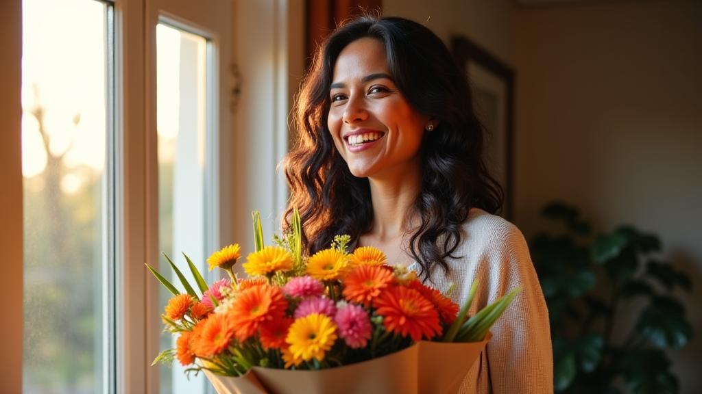 Mujer sonriente recibiendo un ramo de flores frescas en su casa, con luz natural y colores cálidos.